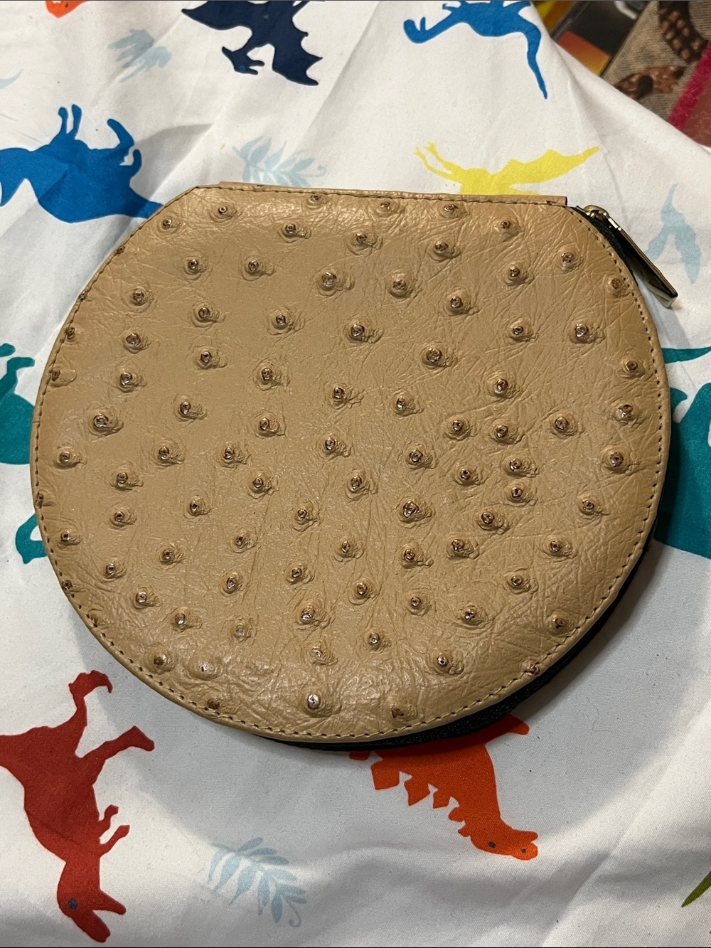 Beige Round Textured Zip Cosmetic Pouch - Neutral Makeup Case